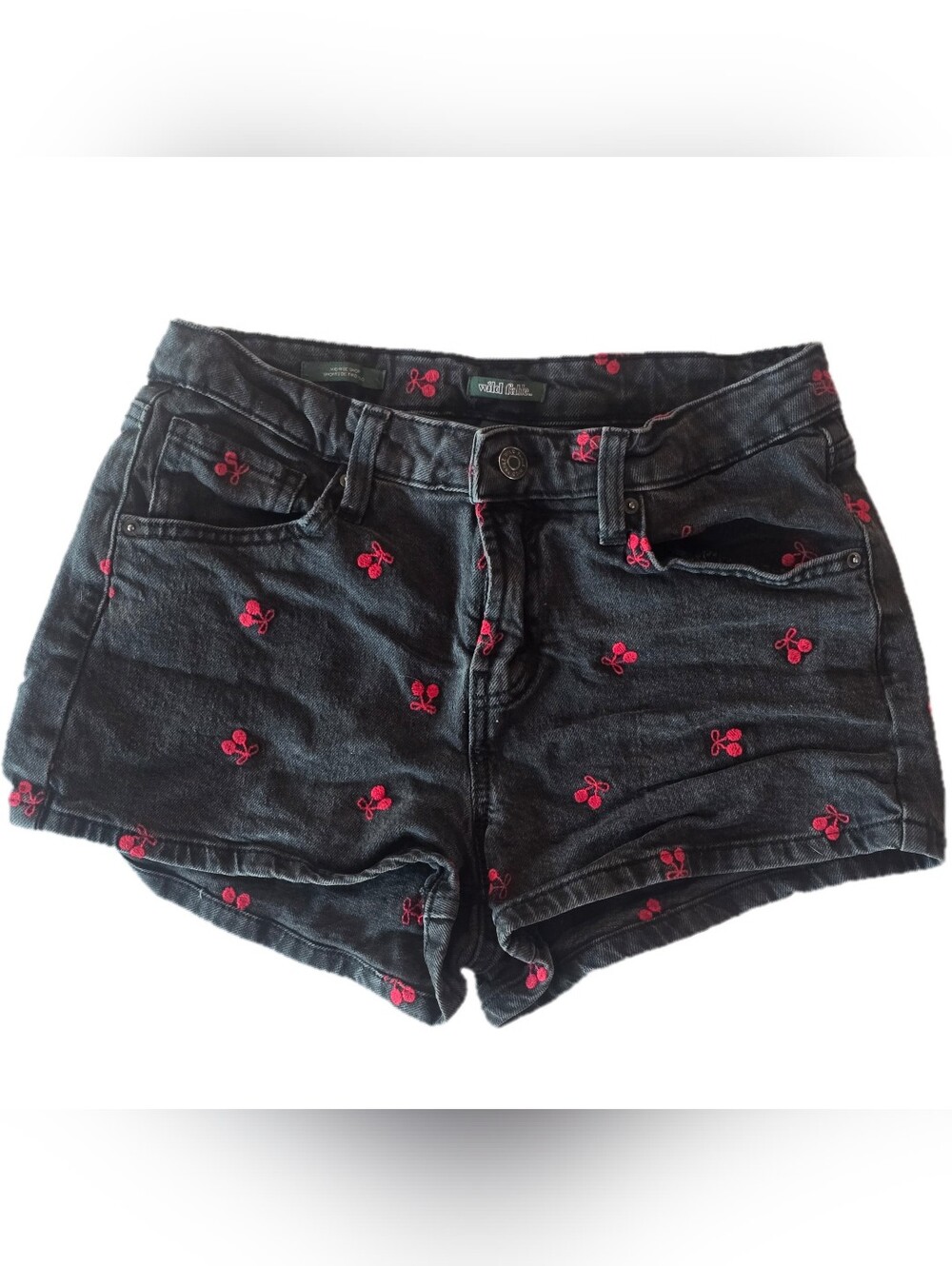 wild fable Black Denim Shorts with Pink Cherry Embroidery